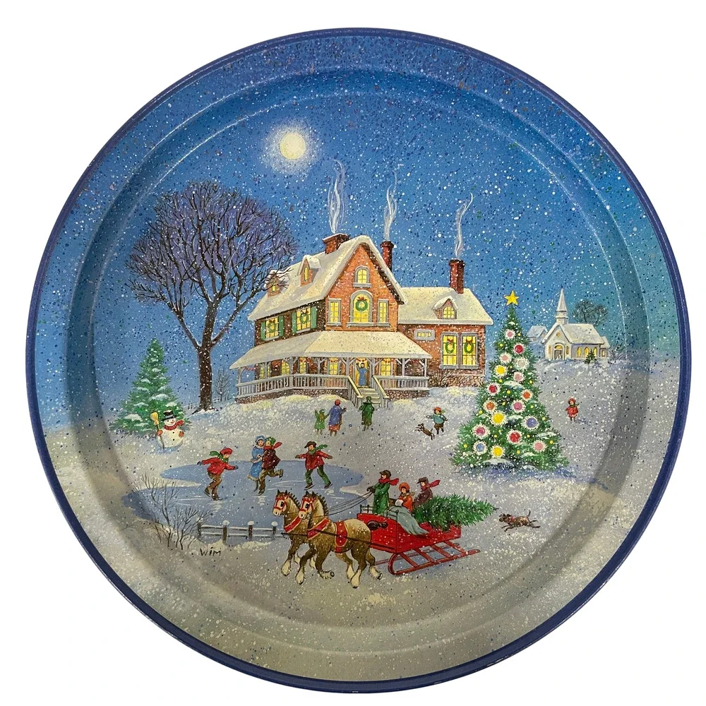 VTG Potpourri Press Tin Tray Christmas Tree Winter House Sleigh WIM Schimmer 88'